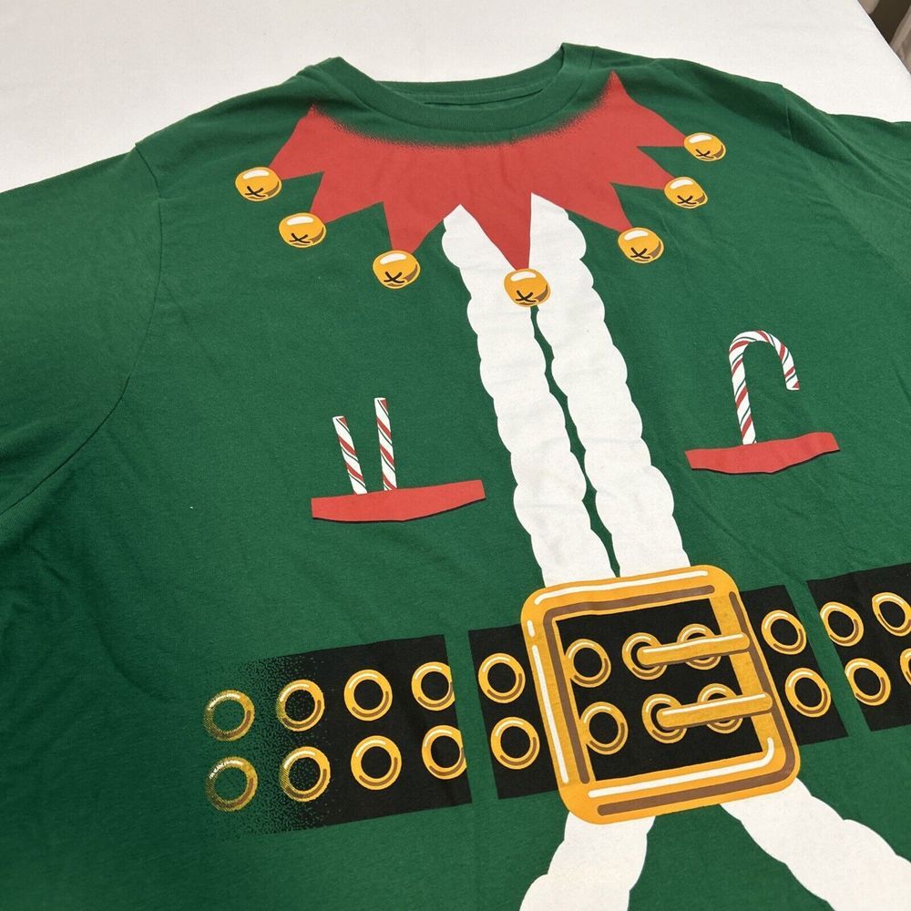 Holiday Time Christmas Elf T-Shirt Jingle Bells Candy Cane Green Men's 2XL 1409 - Picture 2 of 4